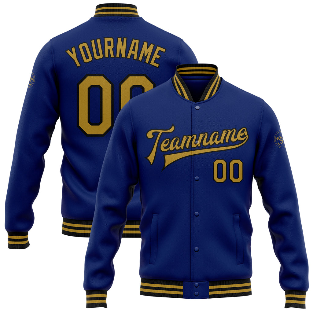 Custom Royal Old Gold-Black Bomber Full-Snap Varsity Letterman Jacket