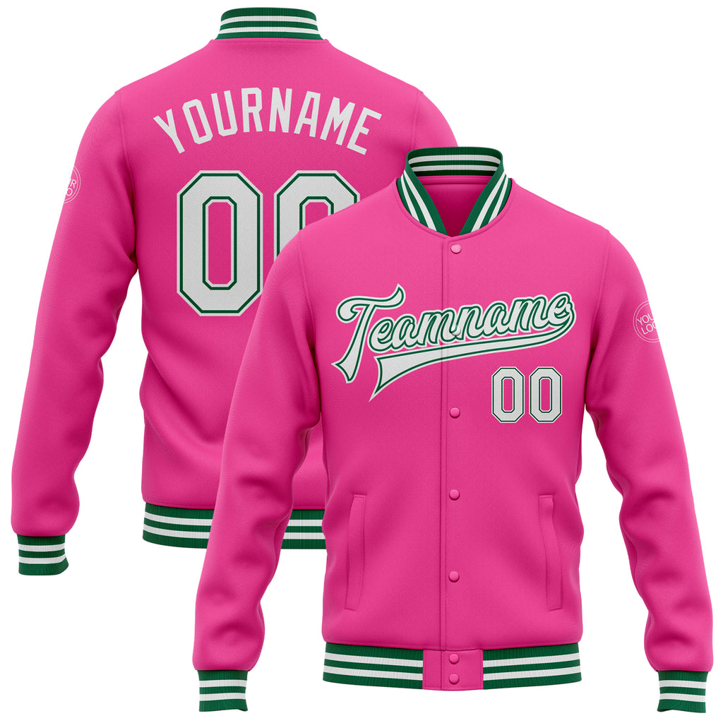 Custom Pink White-Kelly Green Bomber Full-Snap Varsity Letterman Jacket