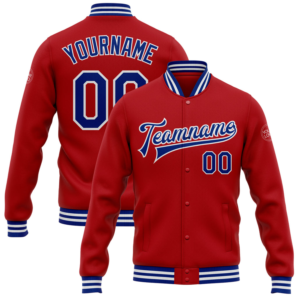 Custom Red Royal-White Bomber Full-Snap Varsity Letterman Jacket