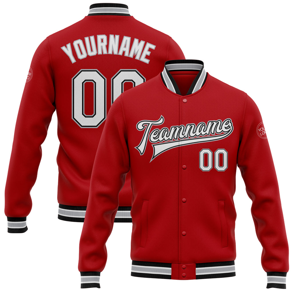 Custom Red White Black-Gray Bomber Full-Snap Varsity Letterman Jacket