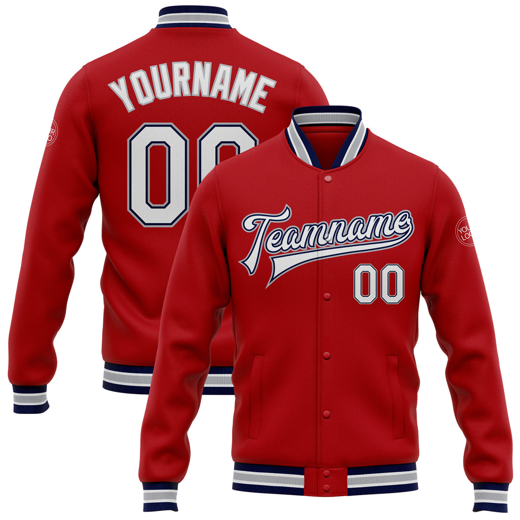 Custom Red White Navy-Gray Bomber Full-Snap Varsity Letterman Jacket