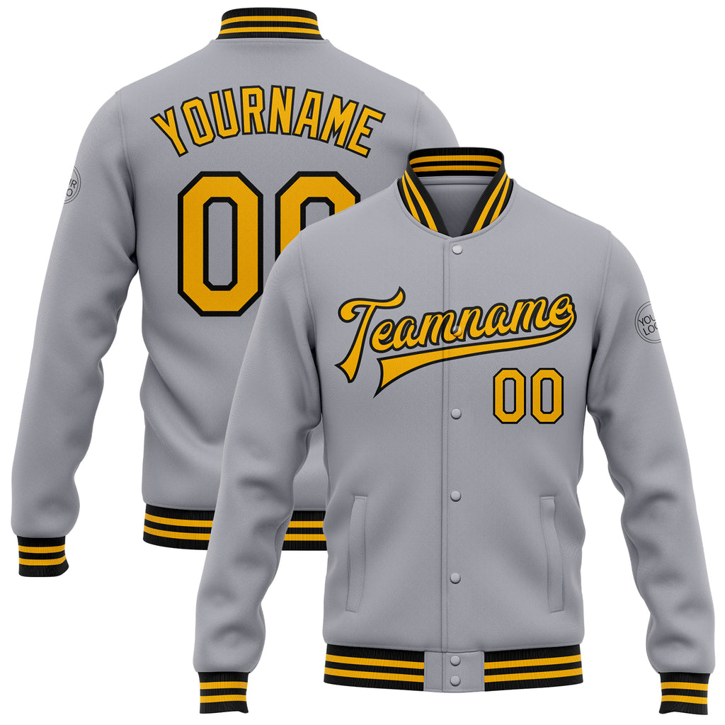 Custom Gray Gold-Black Bomber Full-Snap Varsity Letterman Jacket