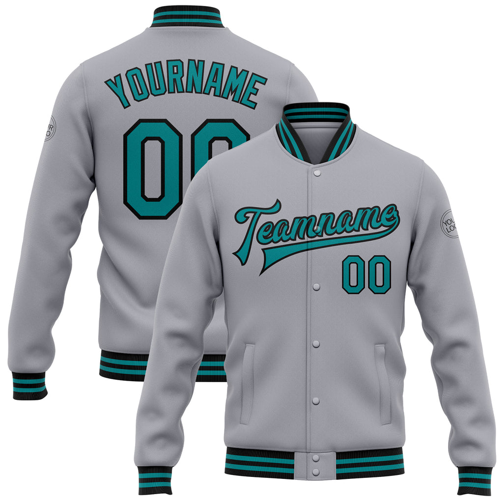 Custom Gray Teal-Black Bomber Full-Snap Varsity Letterman Jacket