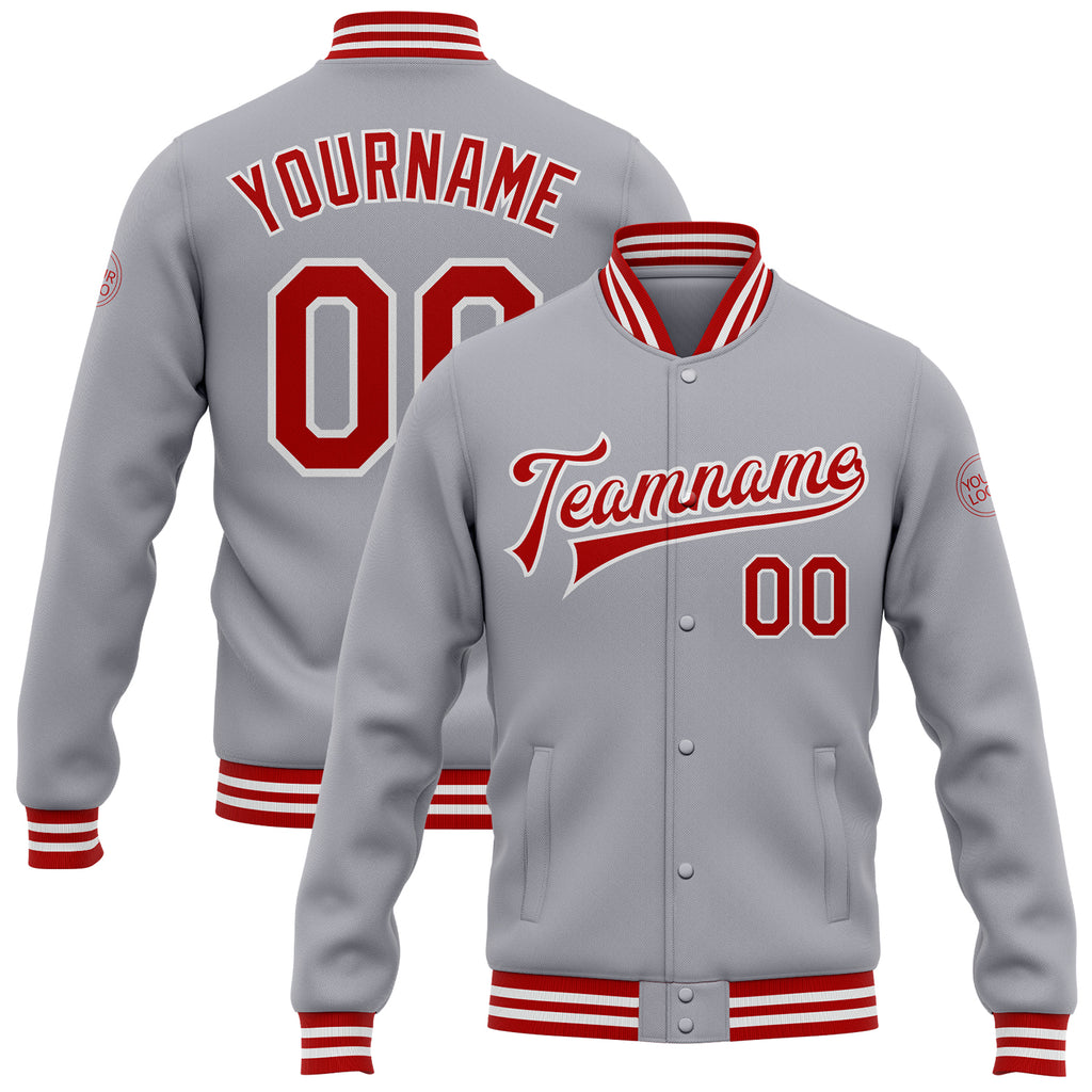 Custom Gray Red-White Bomber Full-Snap Varsity Letterman Jacket