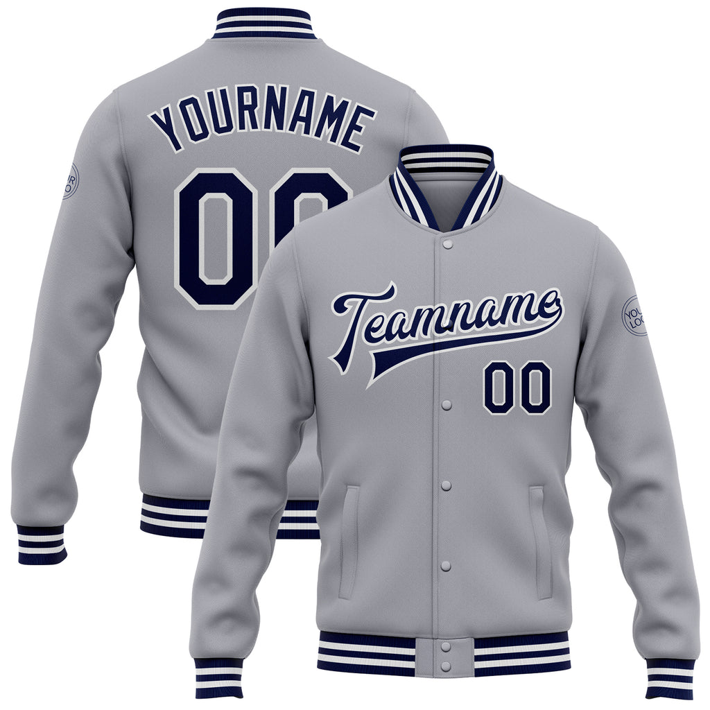 Custom Gray Navy-White Bomber Full-Snap Varsity Letterman Jacket