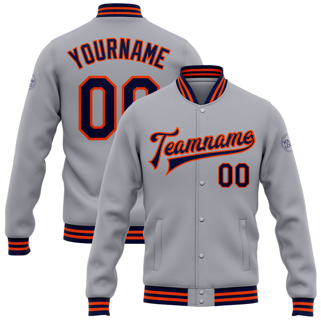 Custom Gray Navy-Orange Bomber Full-Snap Varsity Letterman Jacket