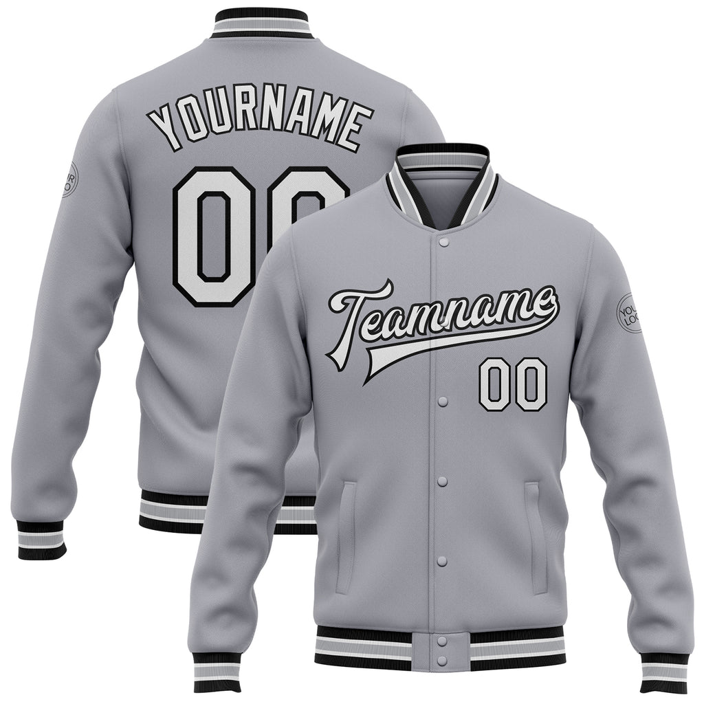 Custom Gray White-Black Bomber Full-Snap Varsity Letterman Jacket