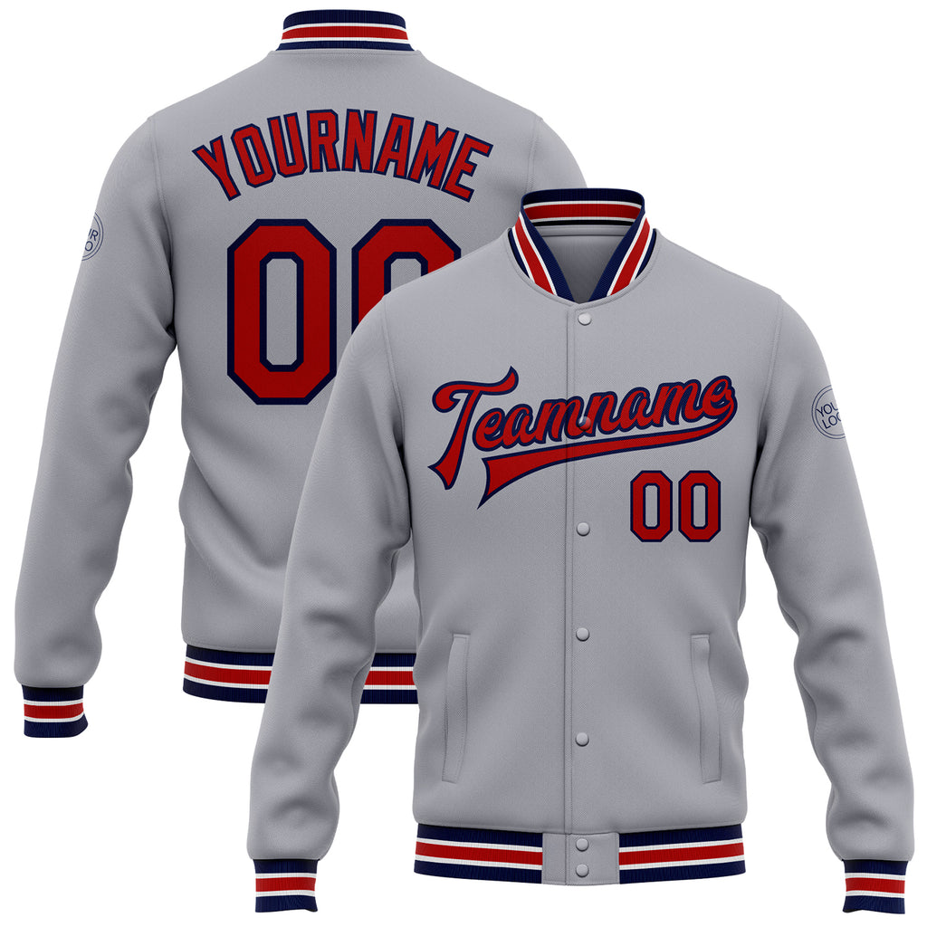 Custom Navy Navy White-Red Bomber Full-Snap Varsity Letterman