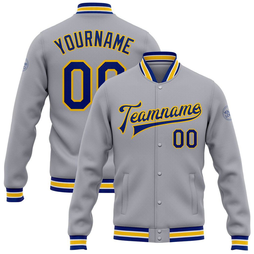 Custom Gray Royal-Yellow Bomber Full-Snap Varsity Letterman Jacket