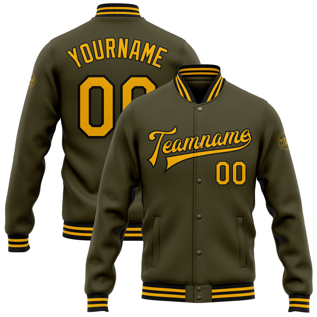 Custom Olive Gold-Black Bomber Full-Snap Varsity Letterman Salute To Service Jacket