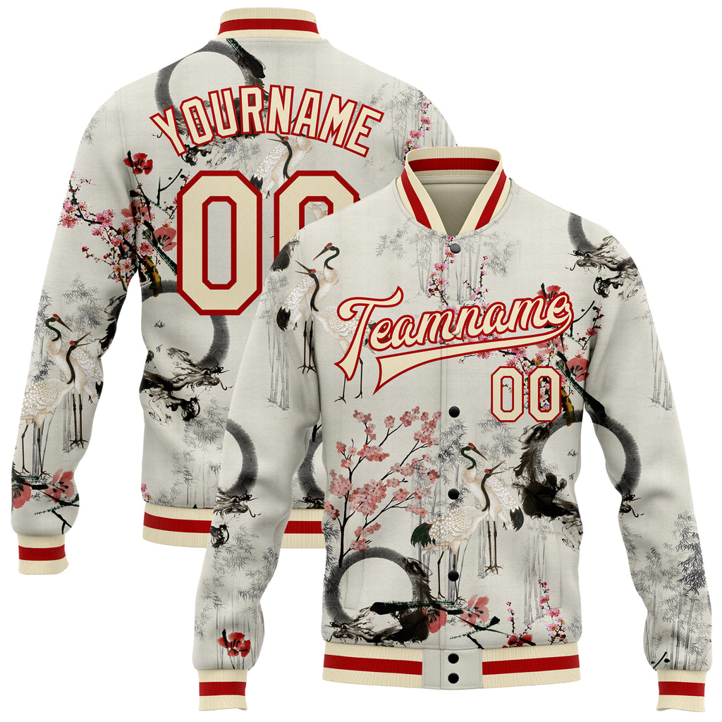 Custom Cream Red Heron And Flower 3D Pattern Design Bomber Full-Snap Varsity Letterman Jacket