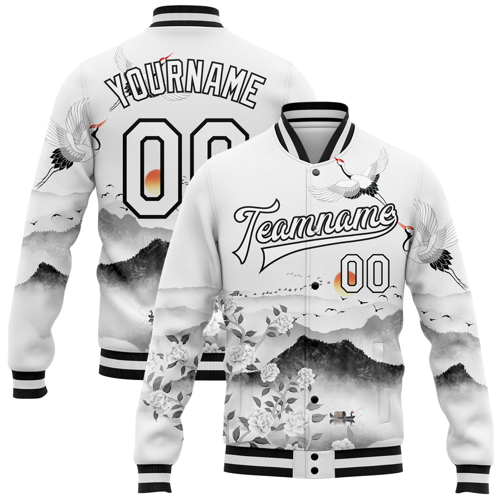 Custom White Black Heron And Flower 3D Pattern Design Bomber Full-Snap Varsity Letterman Jacket