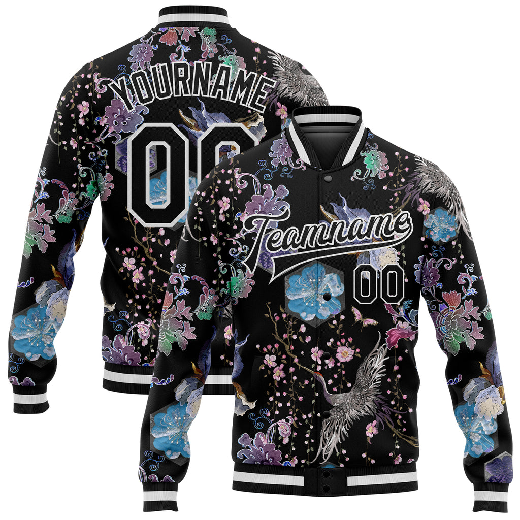 Custom Black White Heron And Flower 3D Pattern Design Bomber Full-Snap Varsity Letterman Jacket