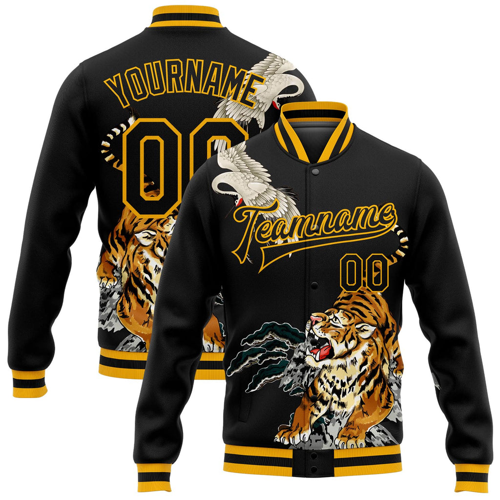 Custom Black Gold Heron And Tiger 3D Pattern Design Bomber Full-Snap Varsity Letterman Jacket