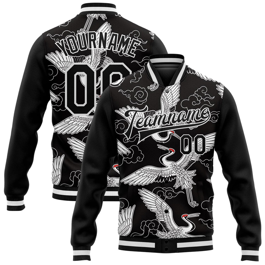 Custom Black White Heron And Cloud 3D Pattern Design Bomber Full-Snap Varsity Letterman Jacket