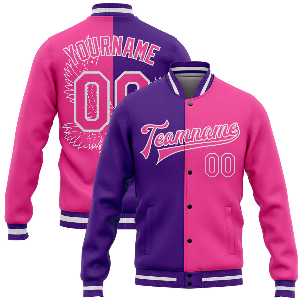 Custom Purple Pink-White Eagle 3D Pattern Design Bomber Full-Snap Varsity Letterman Jacket