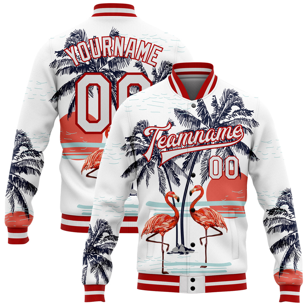 Custom White Red Flamingo And Tropical Hawaii Palm Tree 3D Bomber Full-Snap Varsity Letterman Jacket