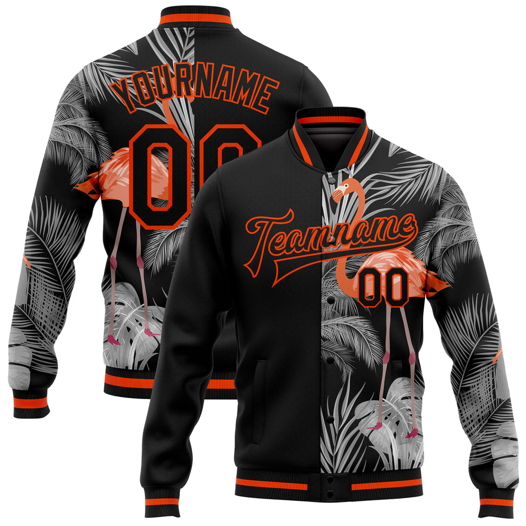 Custom Black Orange-Gray Flamingo And Tropical Hawaii Palm Plants 3D Bomber Full-Snap Varsity Letterman Jacket