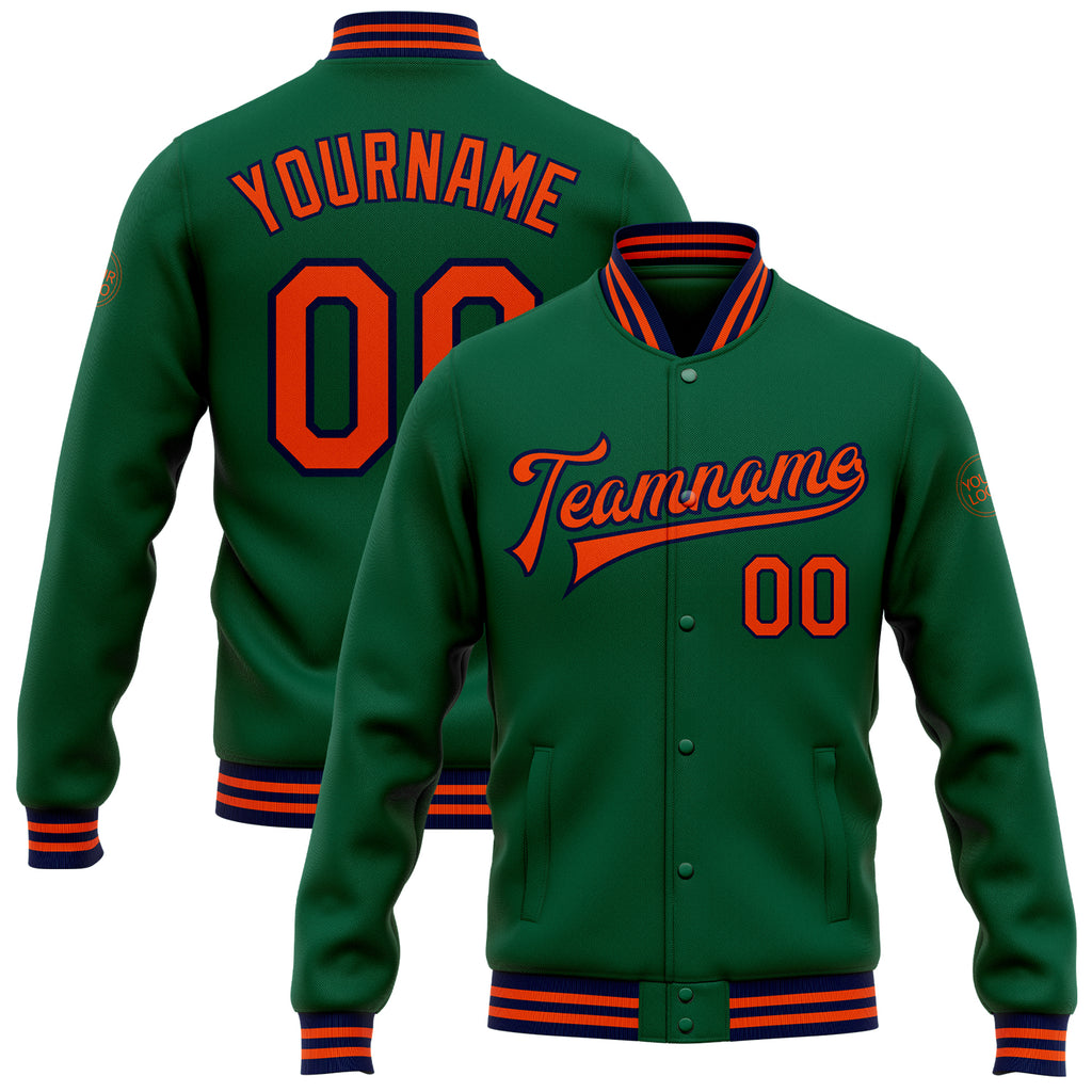 Custom Kelly Green Orange-Navy Bomber Full-Snap Varsity Letterman Jacket