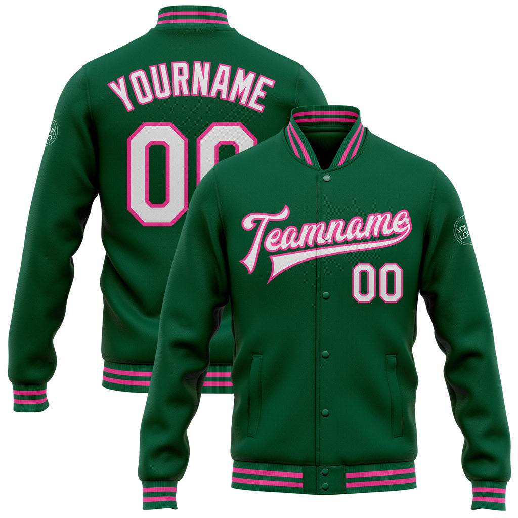 Custom Kelly Green White-Pink Bomber Full-Snap Varsity Letterman Jacket