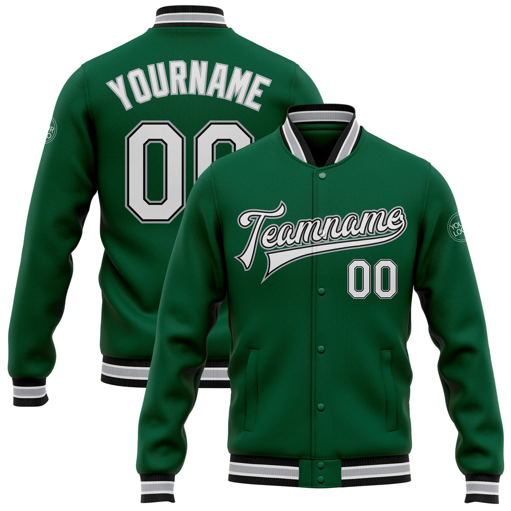 Custom Kelly Green White Black-Gray Bomber Full-Snap Varsity Letterman Jacket