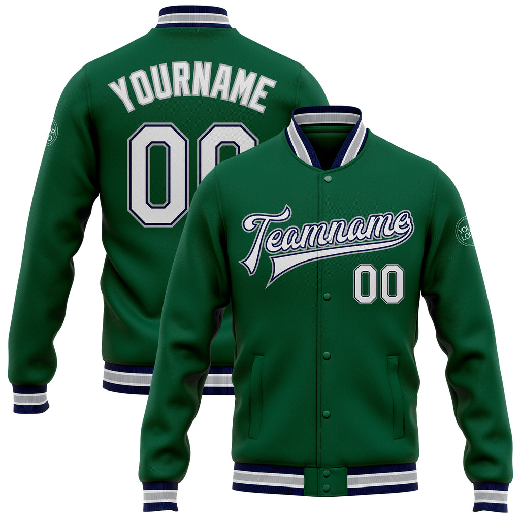 Custom Kelly Green White Navy-Gray Bomber Full-Snap Varsity Letterman Jacket