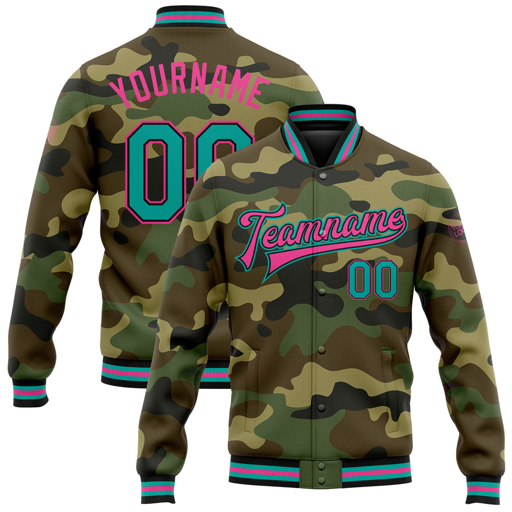 Custom Camo Aqua Black-Pink Bomber Full-Snap Varsity Letterman Salute To Service Jacket