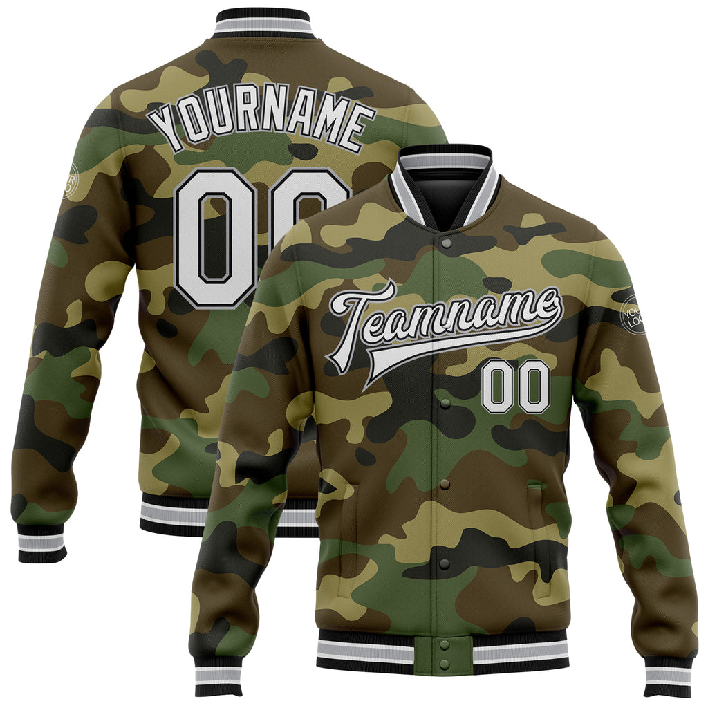 Custom Camo White Black-Gray Bomber Full-Snap Varsity Letterman Salute To Service Jacket