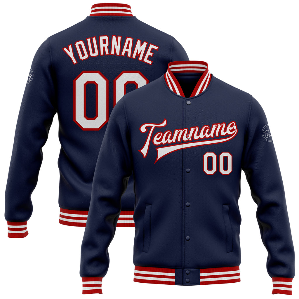 Custom Navy White-Red Bomber Full-Snap Varsity Letterman Jacket