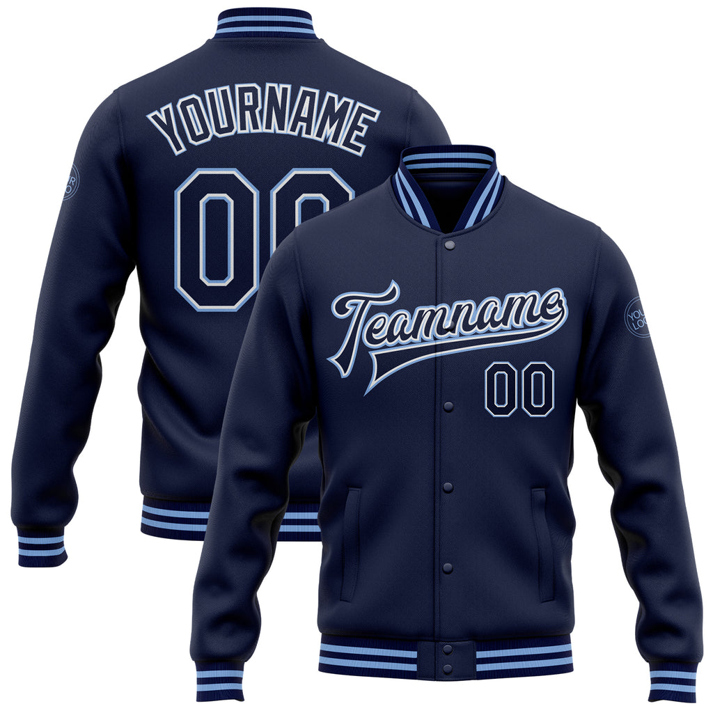 Custom Navy White-Light Blue Bomber Full-Snap Varsity Letterman Jacket