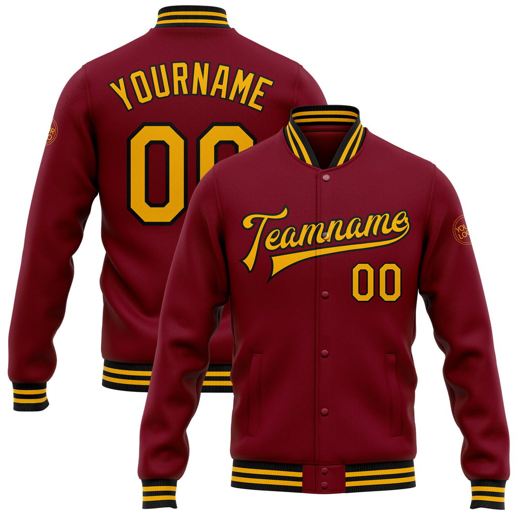 Custom Crimson Gold-Black Bomber Full-Snap Varsity Letterman Jacket