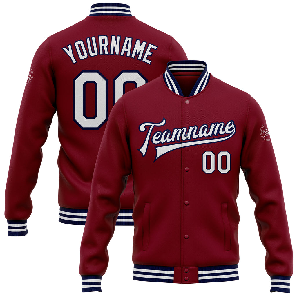 Custom Crimson White-Navy Bomber Full-Snap Varsity Letterman Jacket