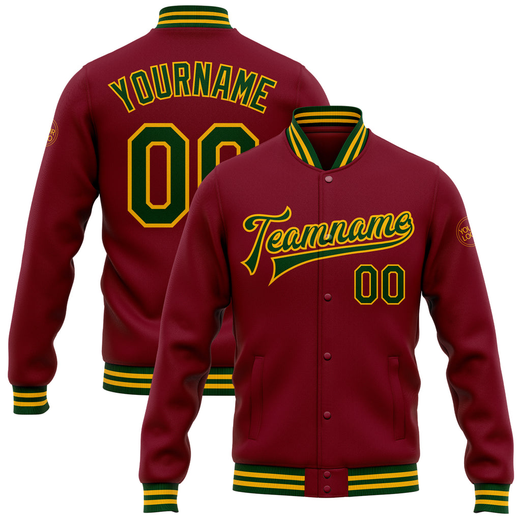 Custom Crimson Green-Gold Bomber Full-Snap Varsity Letterman Jacket Free  Shipping – Fiitg