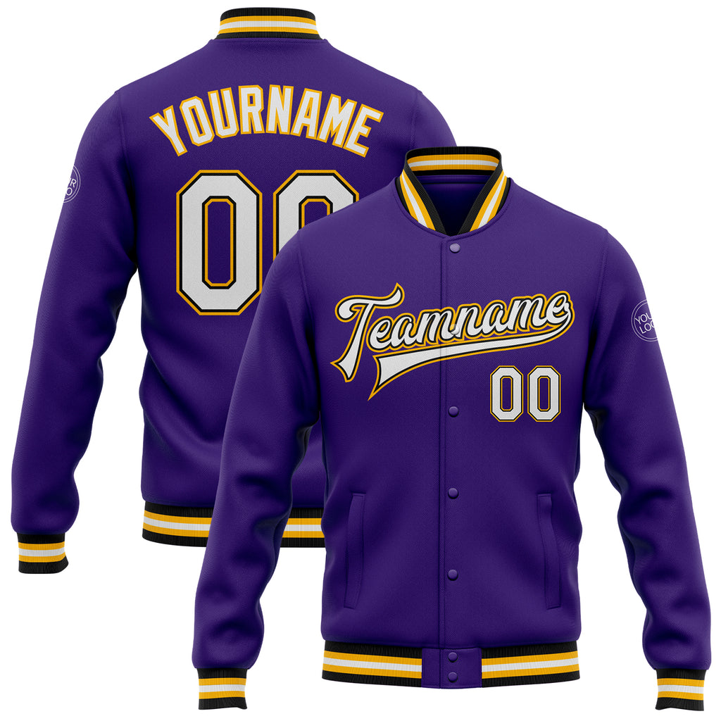 Custom Purple White Black-Gold Bomber Full-Snap Varsity Letterman Jacket