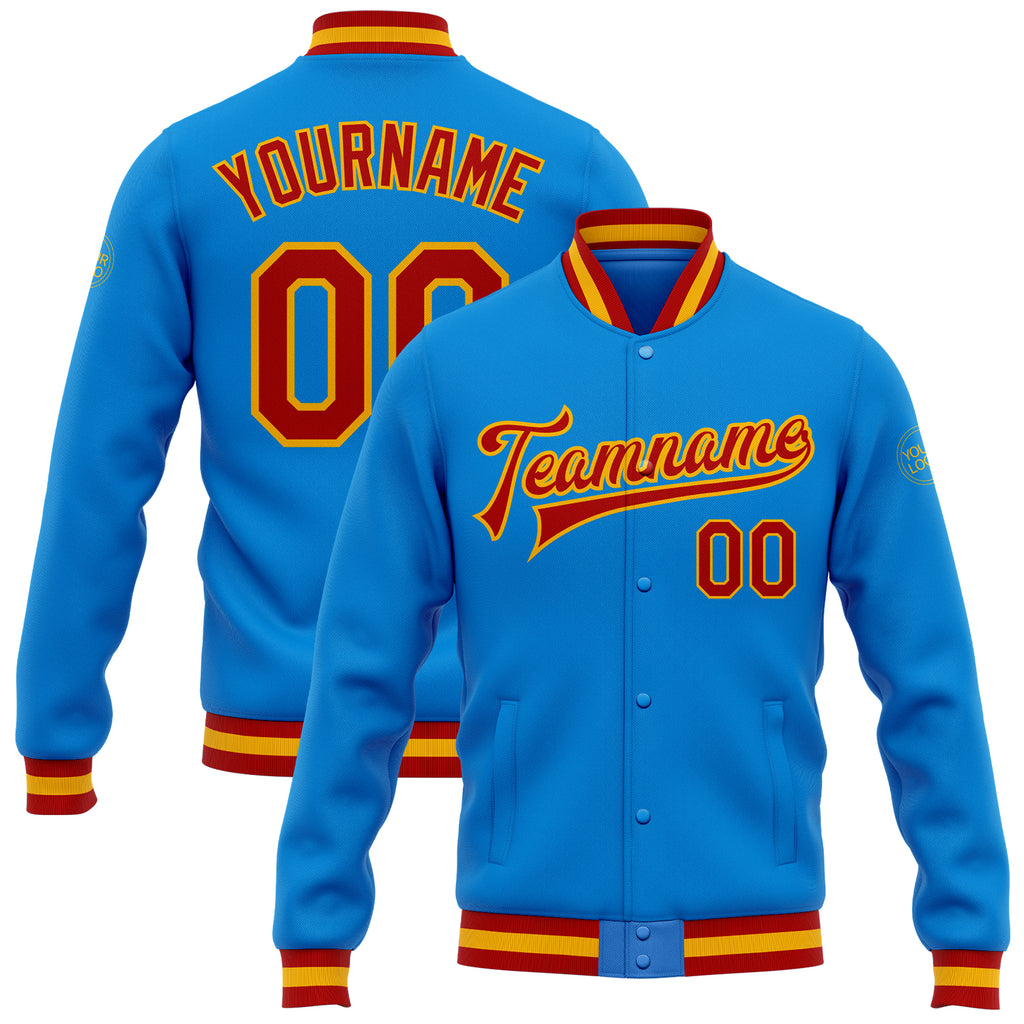 Custom Powder Blue Red-Gold Bomber Full-Snap Varsity Letterman Jacket