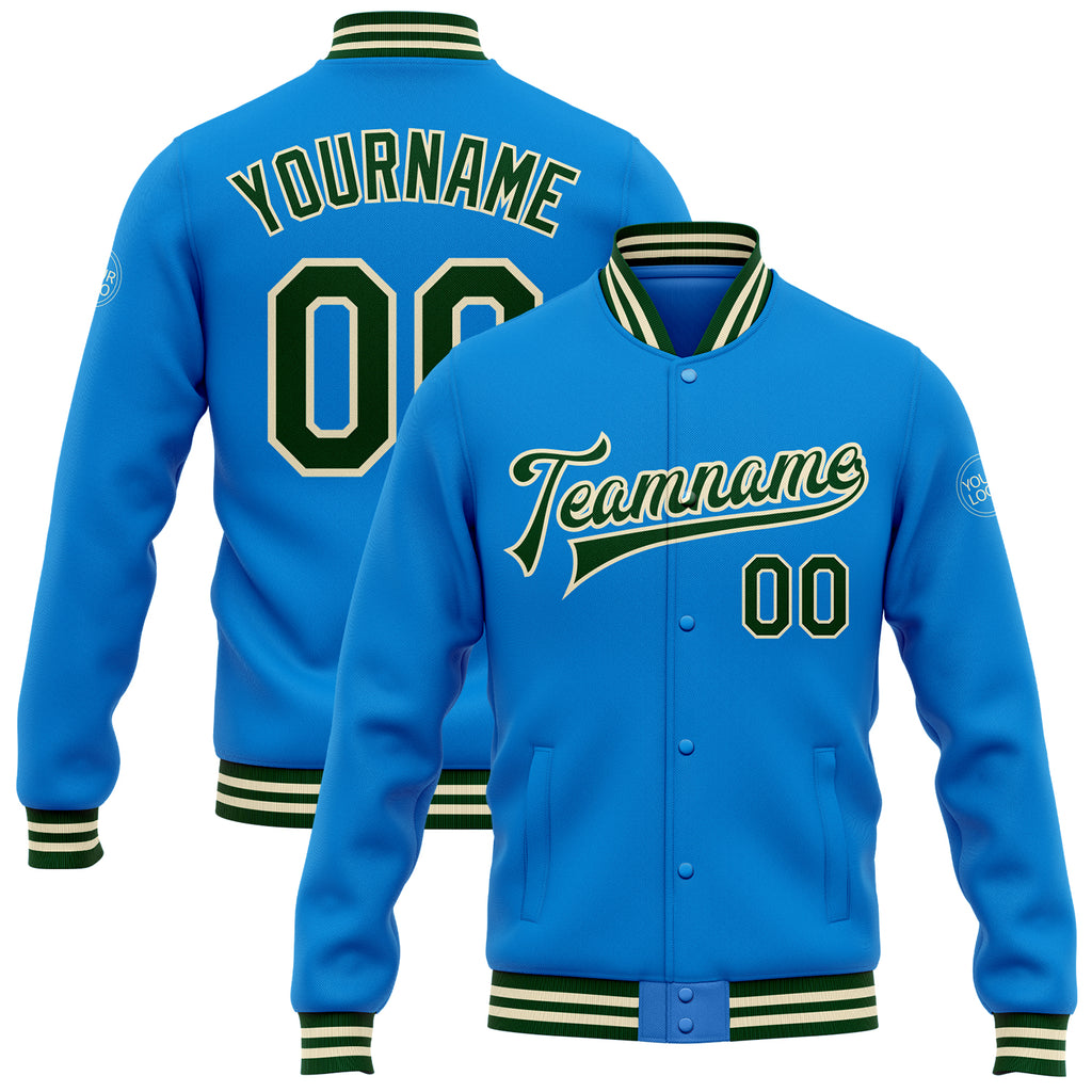 Custom Powder Blue Green-Cream Bomber Full-Snap Varsity Letterman Jacket