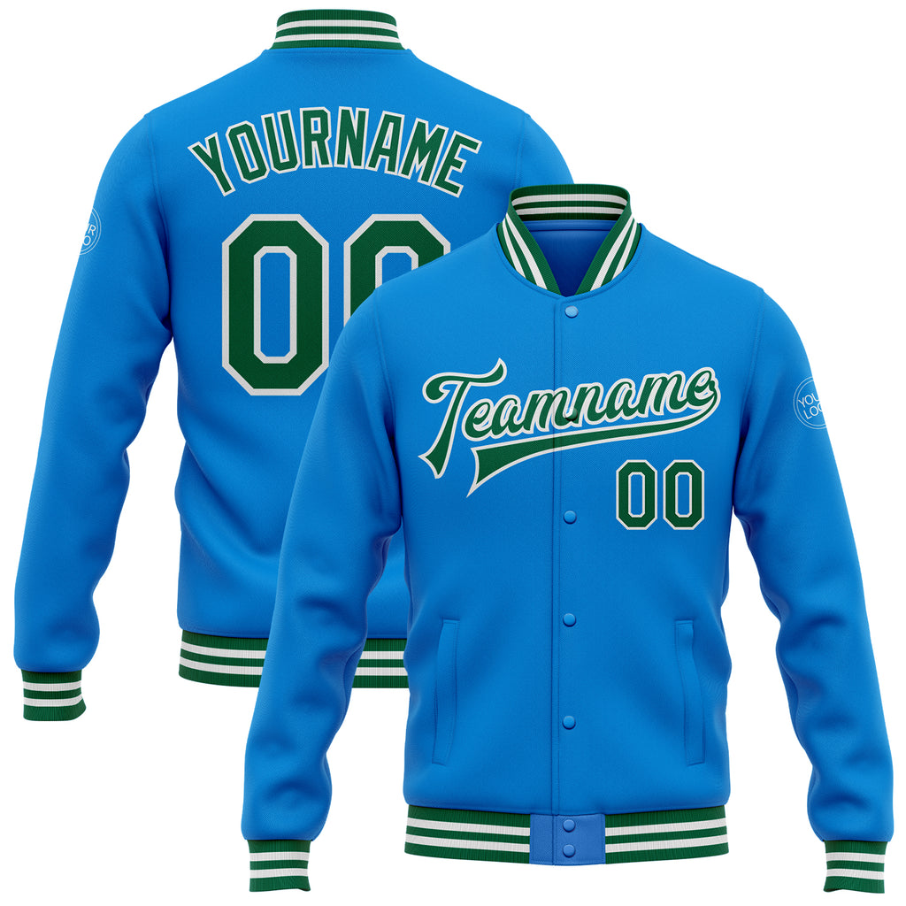 Custom Powder Blue Kelly Green-White Bomber Full-Snap Varsity Letterman Jacket