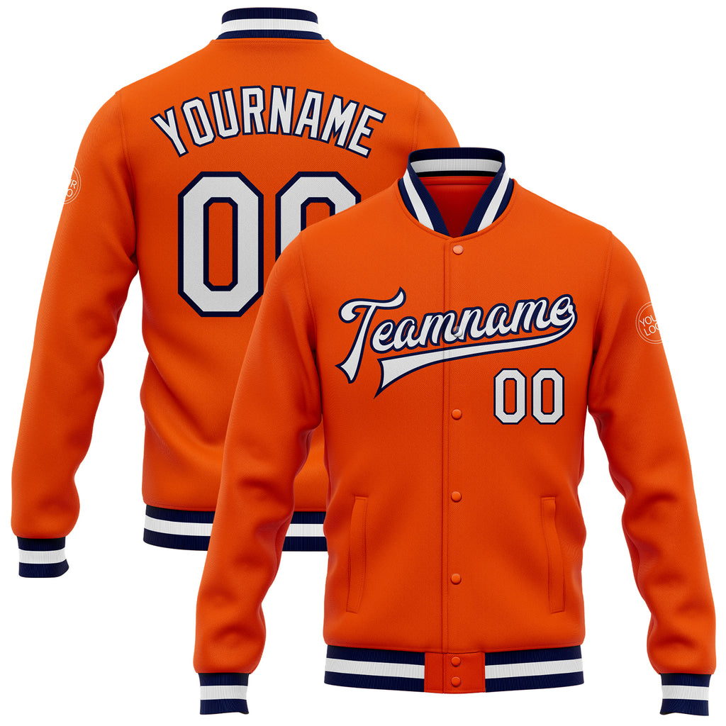 Custom Orange White-Navy Bomber Full-Snap Varsity Letterman Jacket