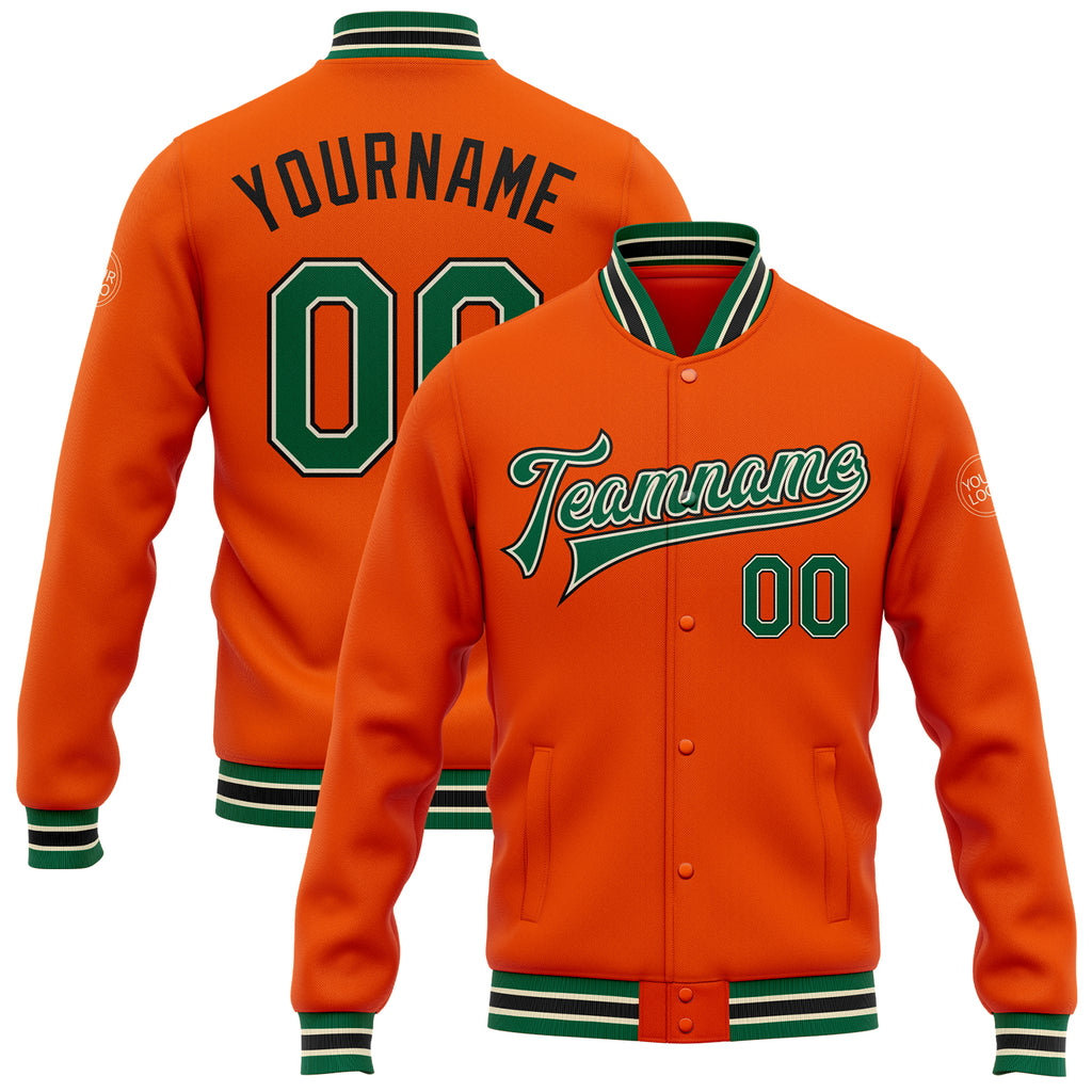 Custom Orange Kelly Green Cream-Black Bomber Full-Snap Varsity Letterman Jacket