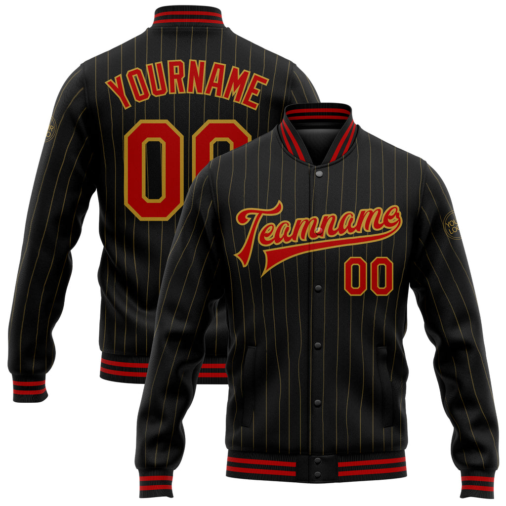 Custom Black Old Gold Pinstripe Red Bomber Full-Snap Varsity Letterman Jacket