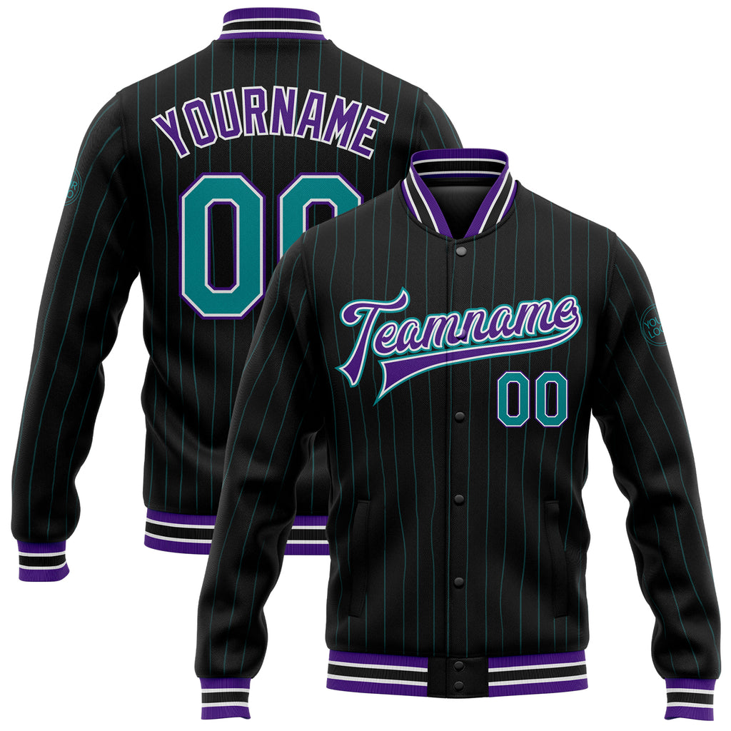 Custom Black Teal Pinstripe Purple Bomber Full-Snap Varsity Letterman Jacket