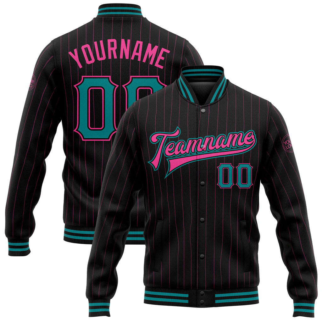 Custom Black Pink Pinstripe Teal Bomber Full-Snap Varsity Letterman Jacket