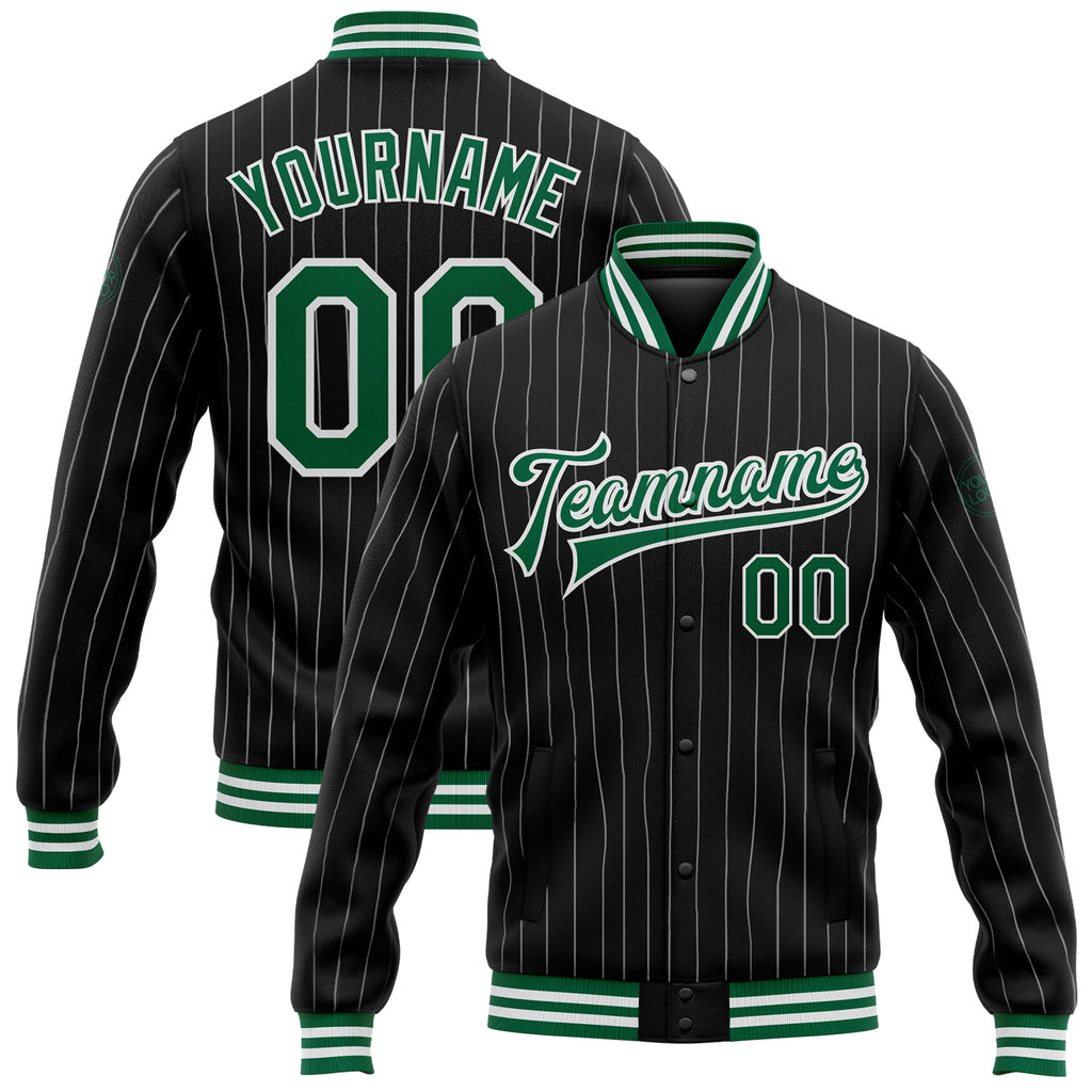 Custom Black White Pinstripe Kelly Green Bomber Full-Snap Varsity Letterman Jacket