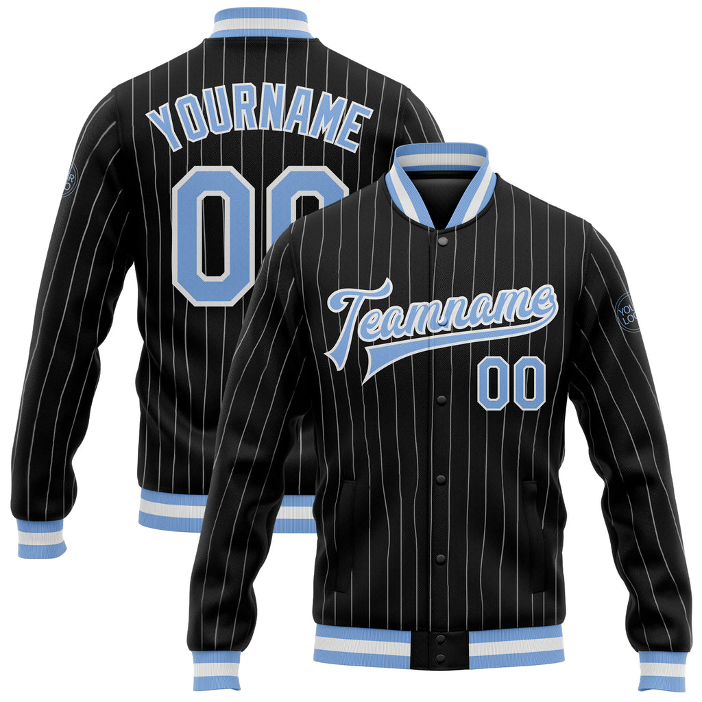 Custom Black White Pinstripe Light Blue Bomber Full-Snap Varsity Letterman Jacket