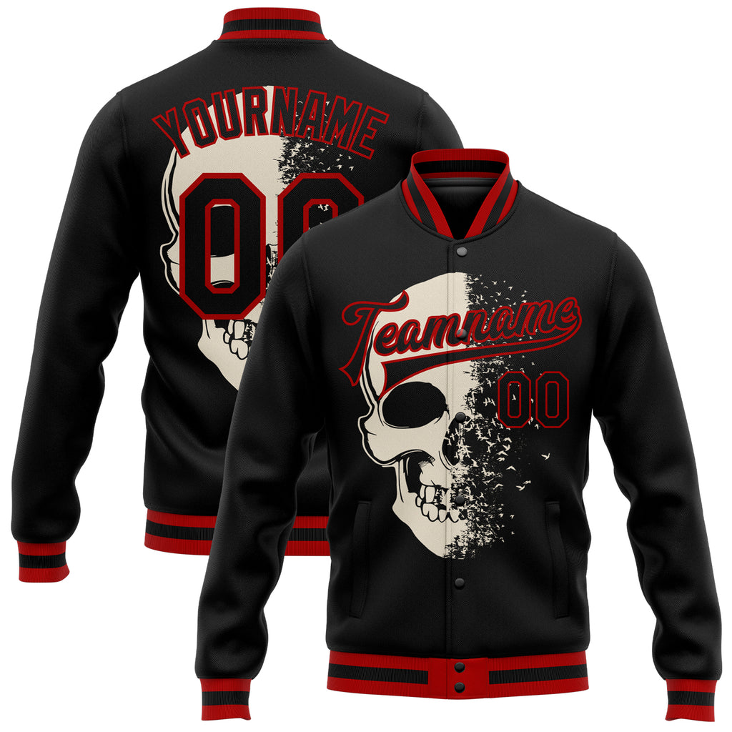 Custom Black Red Skull Fashion 3D Bomber Full-Snap Varsity Letterman Jacket