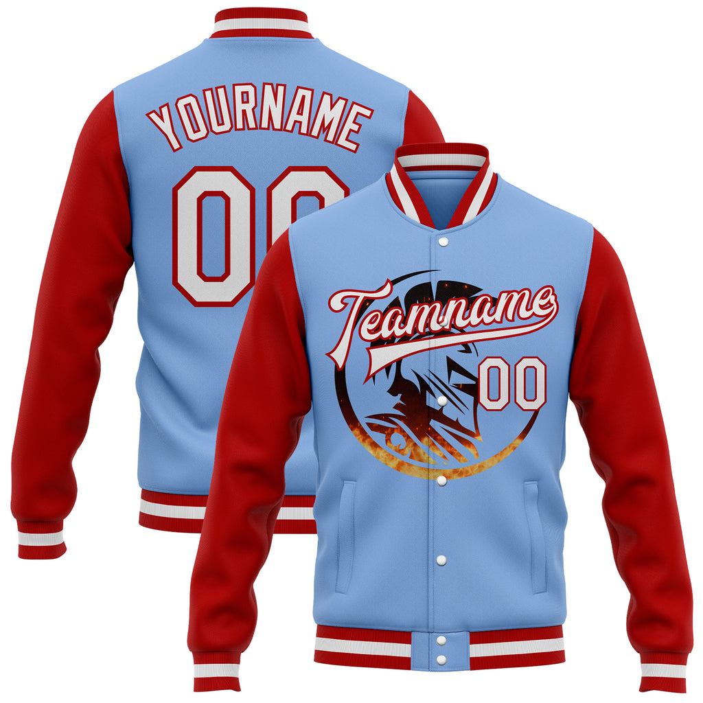 Custom Light Blue White-Red Spartan Logo 3D Pattern Design Bomber Full-Snap Varsity Letterman Two Tone Jacket