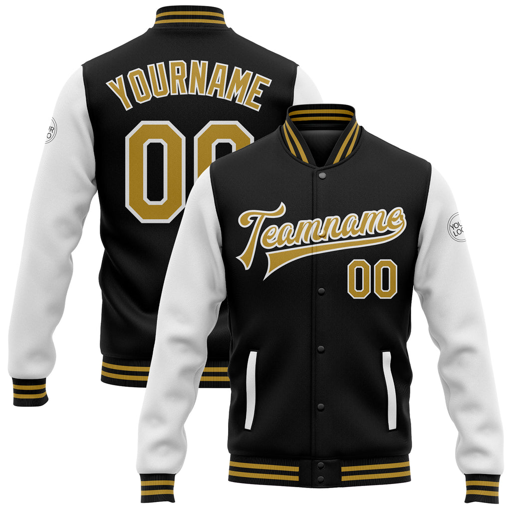 Custom Black Old Gold-White Bomber Full-Snap Varsity Letterman Two Tone Jacket