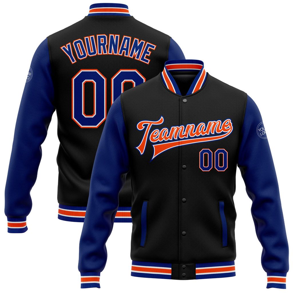 Custom Black Royal-Orange Bomber Full-Snap Varsity Letterman Two Tone Jacket