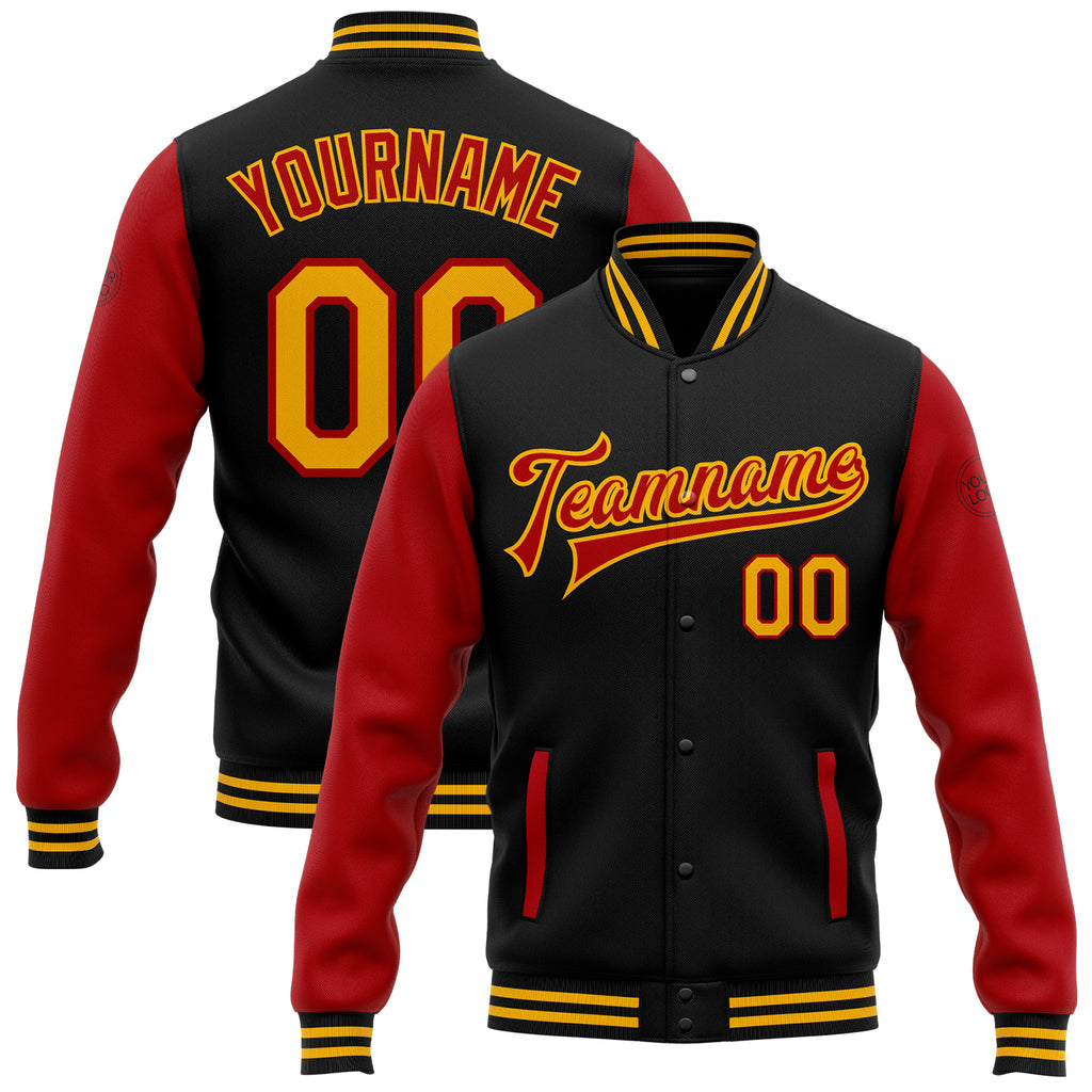 Custom Black Gold-Red Bomber Full-Snap Varsity Letterman Two Tone Jacket