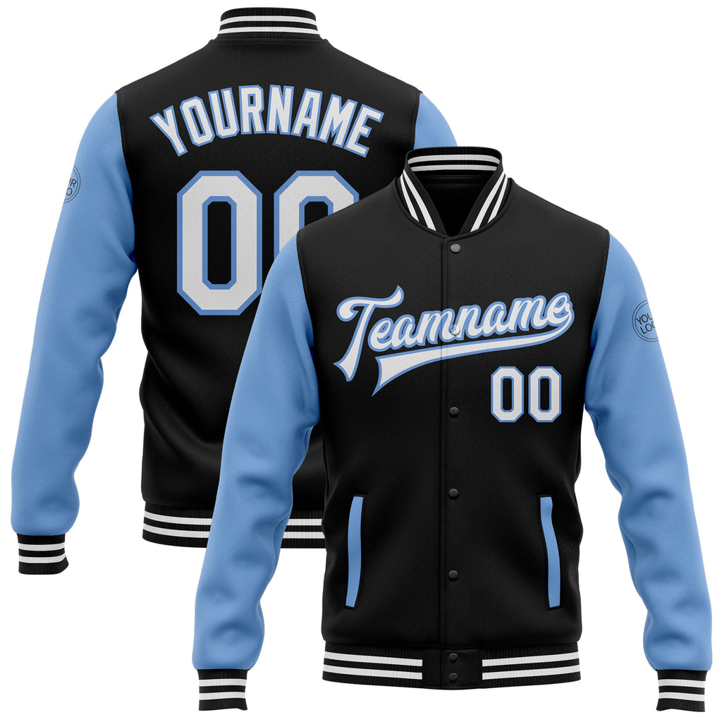 Custom Black White-Light Blue Bomber Full-Snap Varsity Letterman Two Tone Jacket